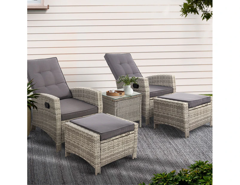 Gardeon 5PC Recliner Chairs Table Sun lounge Wicker Outdoor Furniture Adjustable Grey