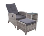 Gardeon 3PC Recliner Chairs Table Sun lounge Wicker Outdoor Furniture Adjustable Grey