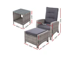 Gardeon 3PC Recliner Chairs Table Sun lounge Wicker Outdoor Furniture Adjustable Grey