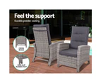 Gardeon 3PC Recliner Chairs Table Sun lounge Wicker Outdoor Furniture Adjustable Grey