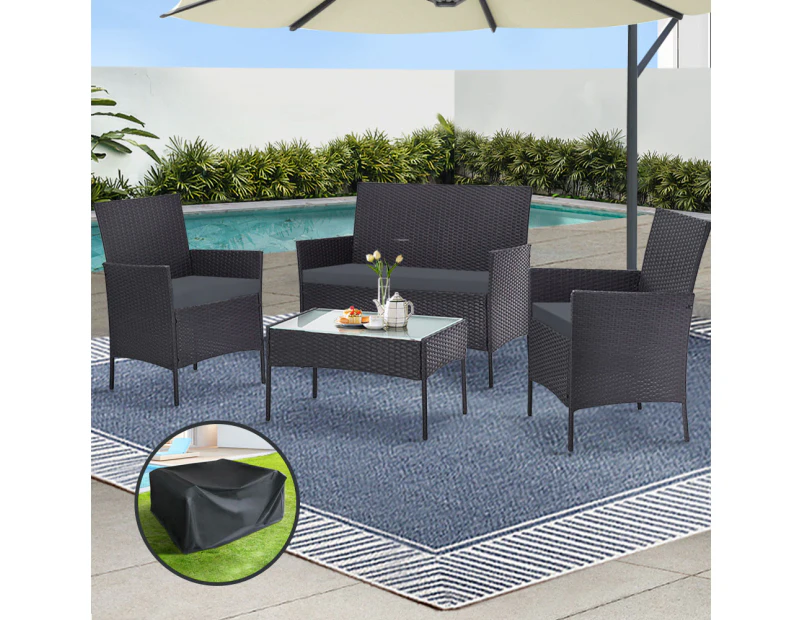 Gardeon 4 Seater Outdoor Sofa Set with Storage Cover Wicker Table Chair DarkGrey