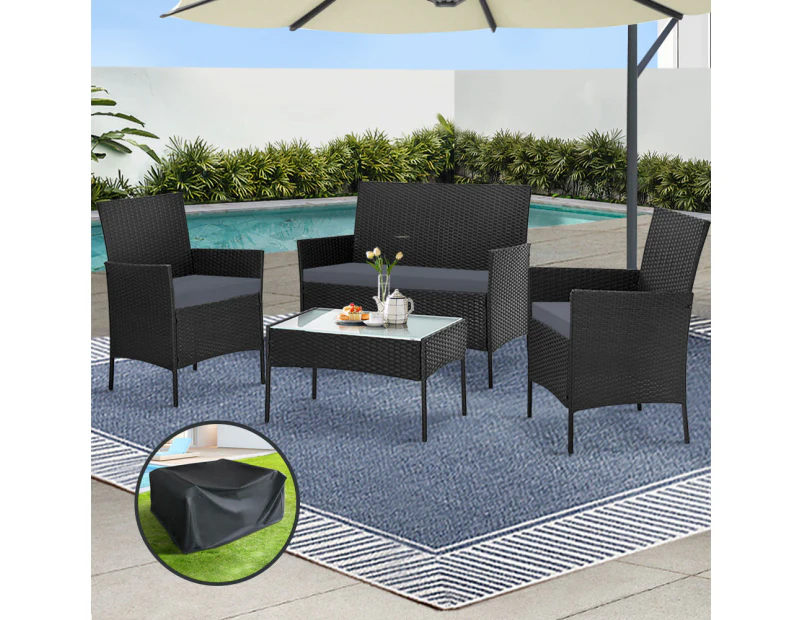 Gardeon 4 Seater Outdoor Sofa Set with Storage Cover Wicker Table Chair Black