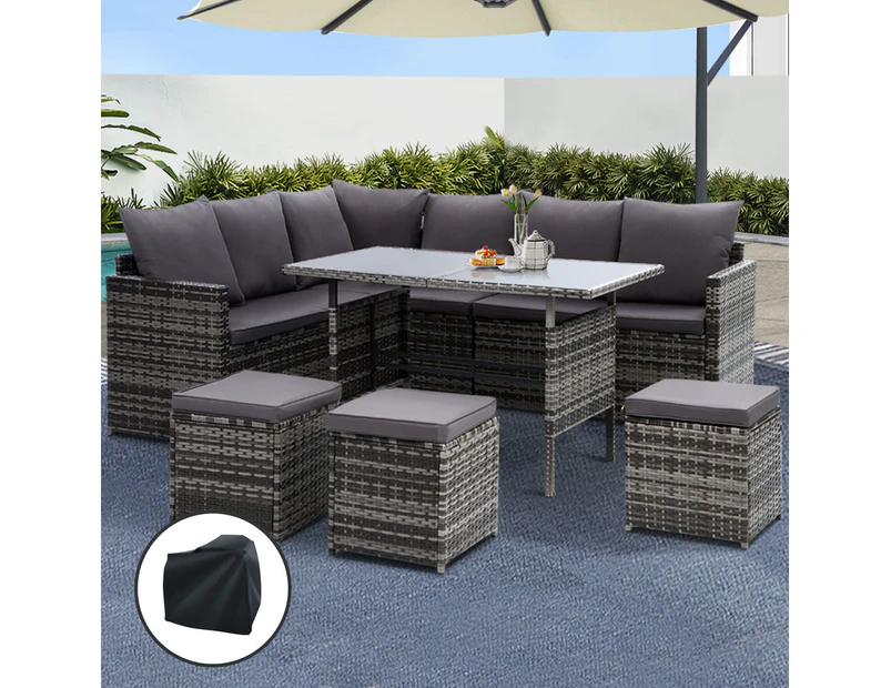 Gardeon Outdoor Dining Set Sofa Lounge Setting Chairs Table Ottoman Grey Cover