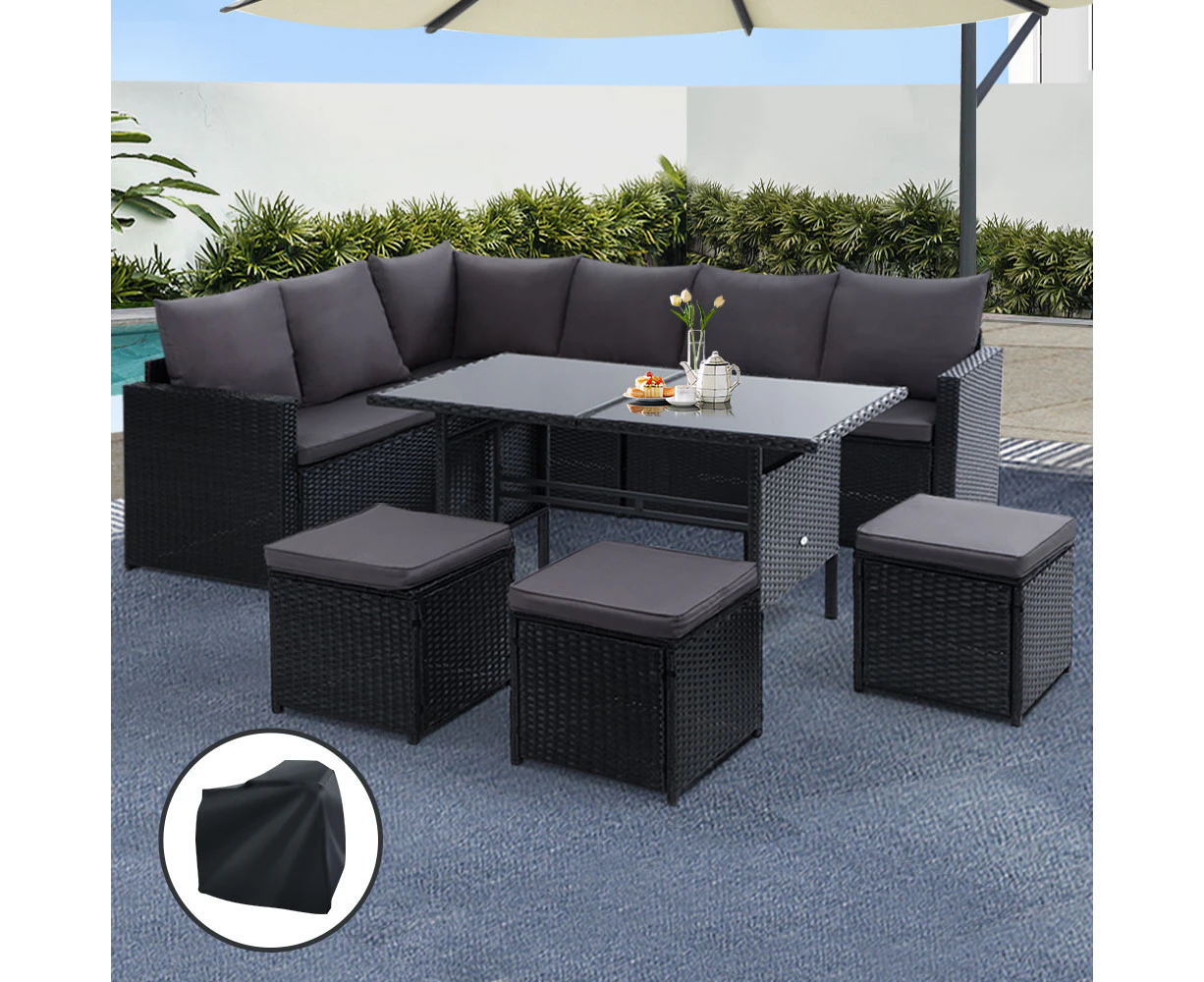 Gardeon Outdoor Dining Set Sofa Lounge Setting Chairs Table Ottoman Black Cover