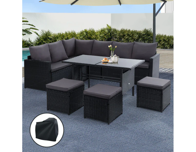 Gardeon Outdoor Dining Set Sofa Lounge Setting Chairs Table Ottoman Black Cover