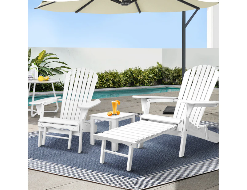 Gardeon 3PC Adirondack Outdoor Table and Chairs Wooden Sun Lounge Beach Patio White