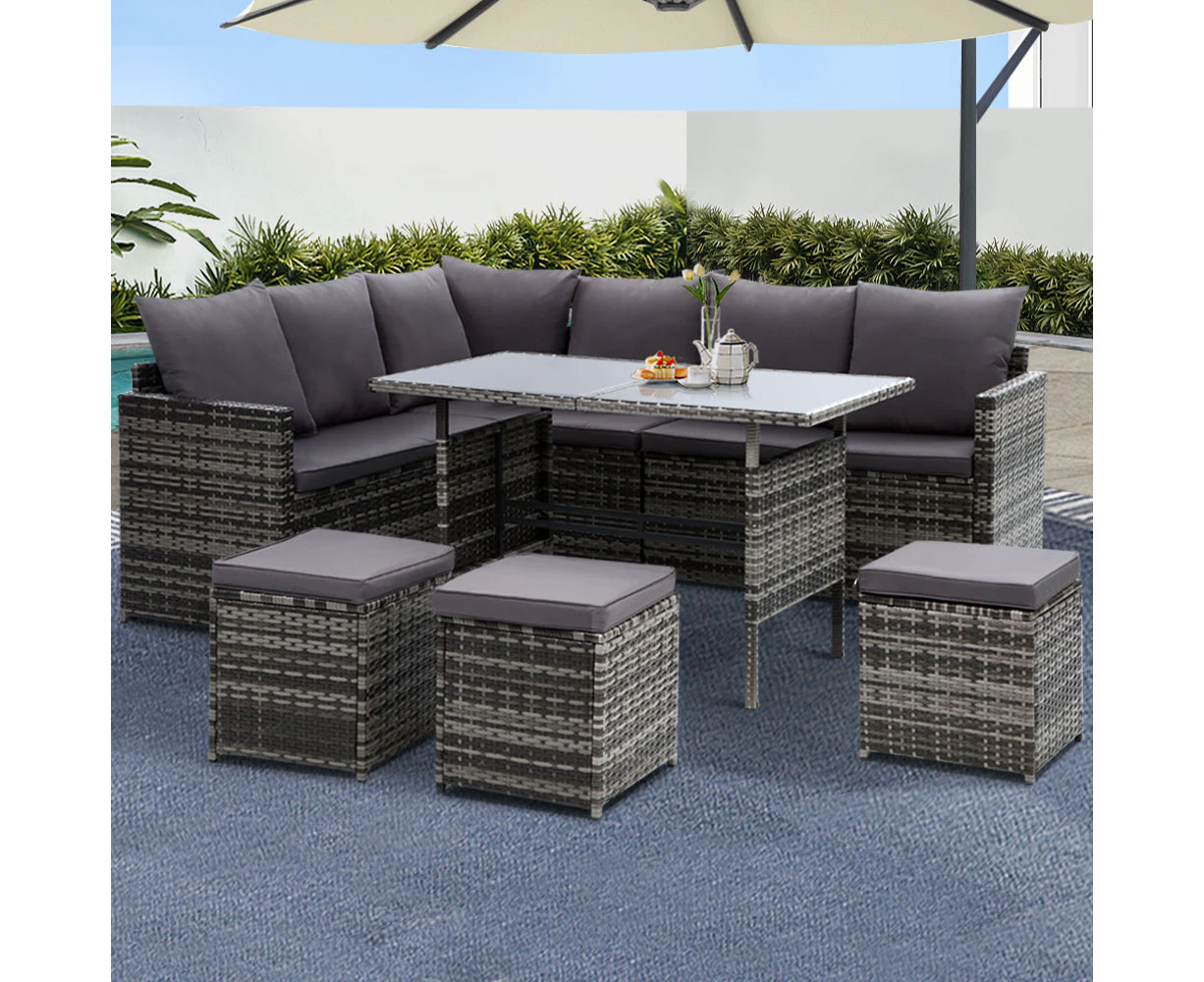 Gardeon Outdoor Dining Set Sofa Lounge Setting Chairs Table Ottoman Lawn Grey