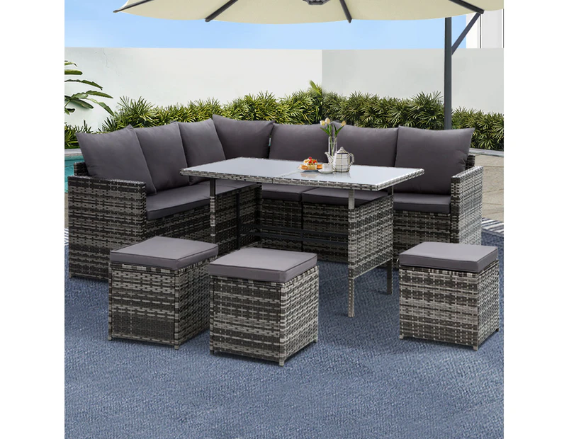 Gardeon Outdoor Dining Set Sofa Lounge Setting Chairs Table Ottoman Lawn Grey