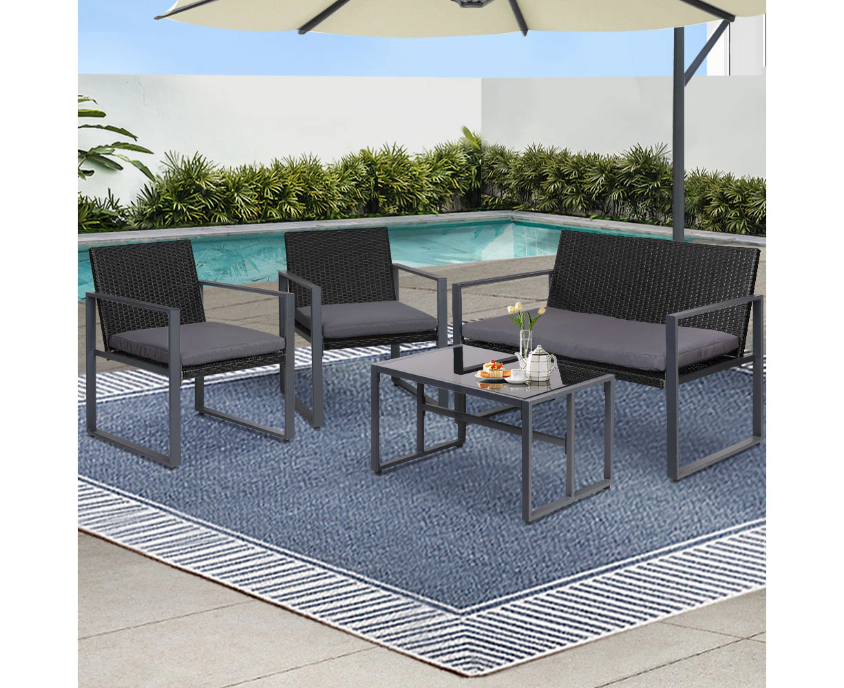 Gardeon 4 PCS Outdoor Sofa Set Rattan Furniture Glass Top Table Chairs Black