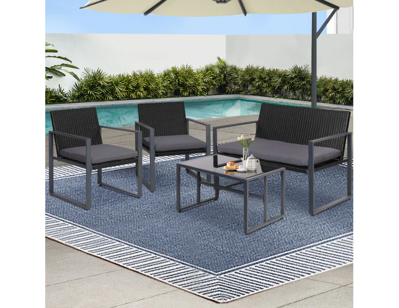 Gardeon 4 PCS Outdoor Sofa Set Rattan Furniture Glass Top Table Chairs Black