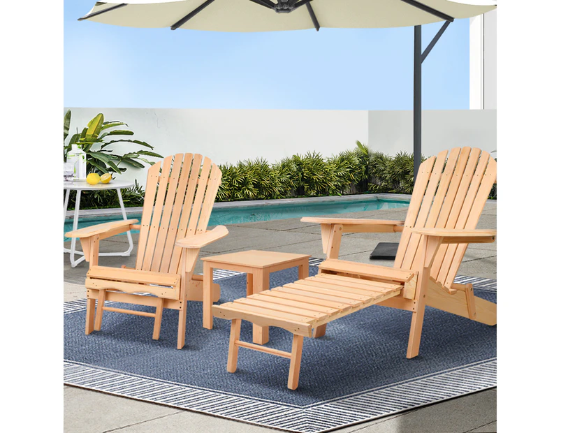 Gardeon 3PC Adirondack Outdoor Table and Chairs? Wooden Sun Lounge Beach Patio Natural