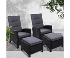 Gardeon 2PC Recliner Chairs Sun lounge Wicker Lounger Outdoor Furniture Adjustable Black