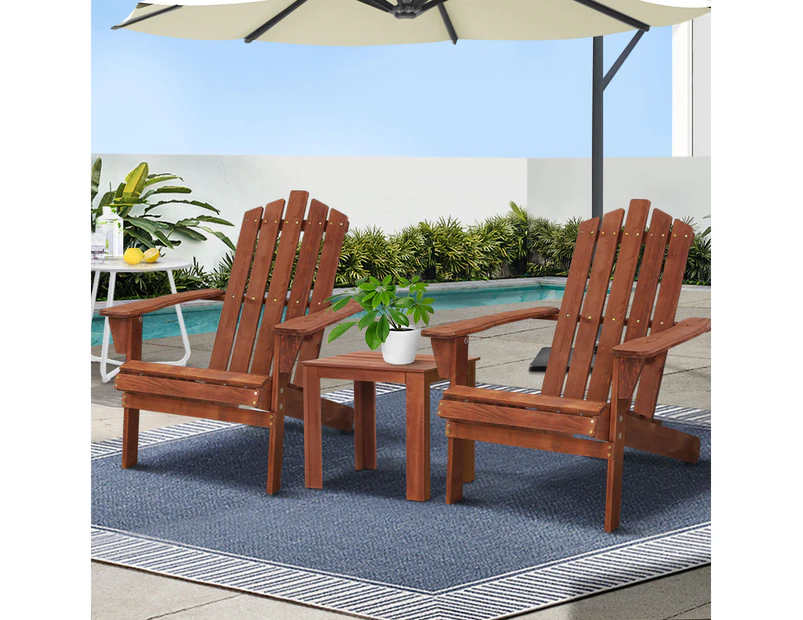 Gardeon 3PC Adirondack Outdoor Table and Chairs Wooden Beach Chair Brown