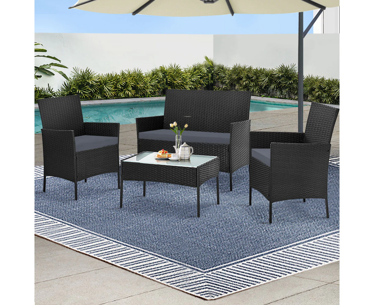 Gardeon 4 Seater Outdoor Sofa Set Wicker Setting Table Chair Furniture Black