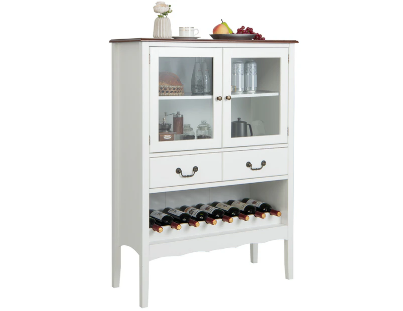 Giantex Sideboard Buffet Wine Cabinet w/2 Glass Doors & 2 Drawers Open Wine Rack Corner Coffee Bar Station White
