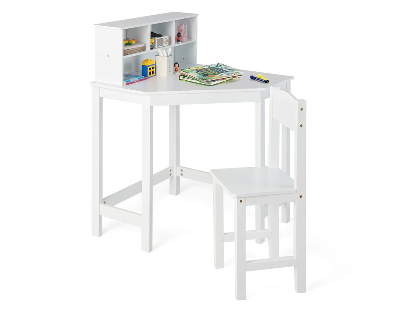 Giantex Kids Corner Desk Chair Set Wood Study Writing Desk w/Shelving Units for Kids Study Room Nursery White