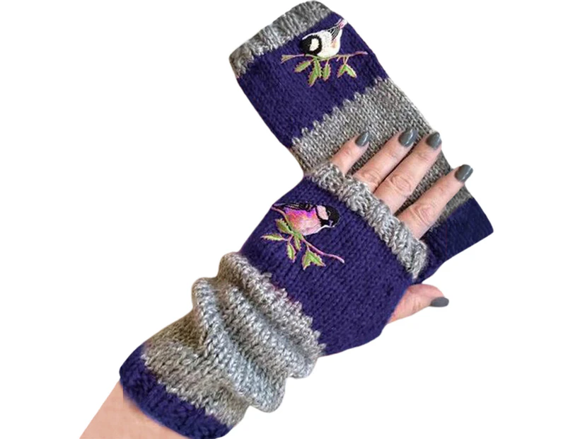 1 Pair Extended Wrist Stretchy Women Gloves Comfy Embroidery Bird Crochet Fingerless Gloves Wrist Warmers-Blue unique value