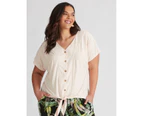 Autograph Knitwear Extended Sleeve Button Through Broderie Top - Plus Size Womens - Chalk Pink