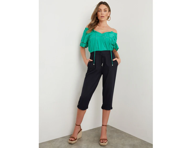 Rockmans Crop Linen Pants - Womens - True Navy