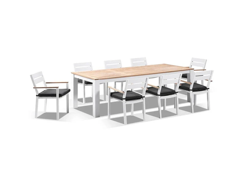 Outdoor Balmoral 2.5M Teak Top Aluminium Table With 8 Capri Dining Chairs - Outdoor Teak Dining Settings - White Aluminium with Denim