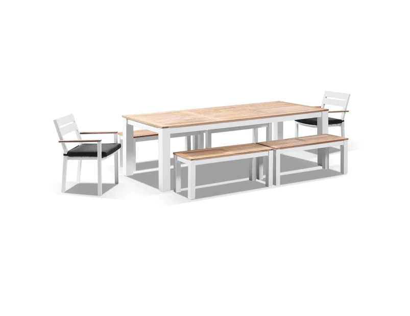 Balmoral 2.5m Teak Top Aluminium Table with 4 Bench Seats and 2 Chairs - Outdoor Dining Settings - White