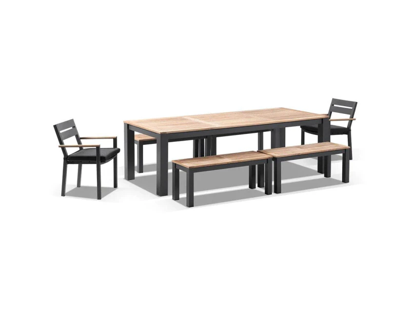 Outdoor Balmoral 2.5M Teak Top Aluminium Table With 4 Bench Seats And 2 Chairs - Outdoor Teak Dining Settings - Charcoal Aluminium with Denim