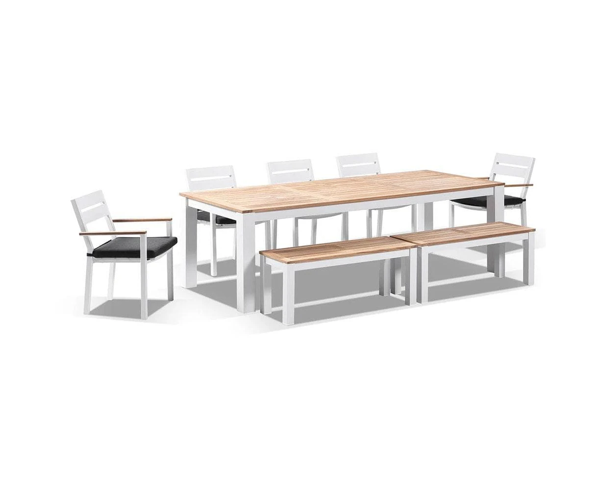 Balmoral 2.5m Teak Top Aluminium Table with 2 Bench Seats and 5 Chairs - Outdoor Dining Settings - White