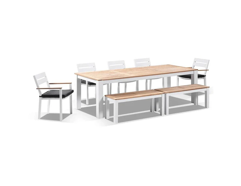 Outdoor Balmoral 2.5M Teak Top Aluminium Table With 2 Bench Seats And 5 Chairs - Outdoor Teak Dining Settings - White Aluminium with Denim