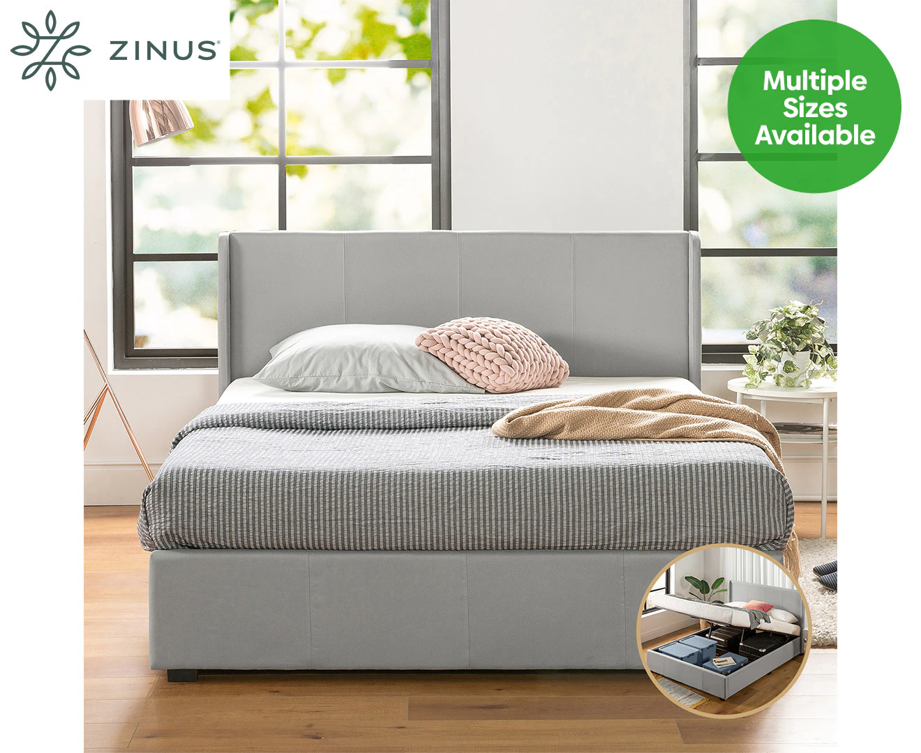 Zinus Light Grey Gas Lift Storage Bed Frame