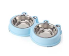 Frog Design Double Dog Bowl Stainless Steel Dog Puppy Water and Food Bowls blue