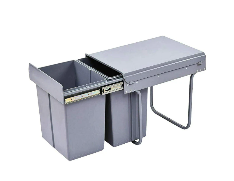 Salesbay Twin Cabinet Kitchen Waste Dual Slide Out Rubbish Garbage Grey 2x20L