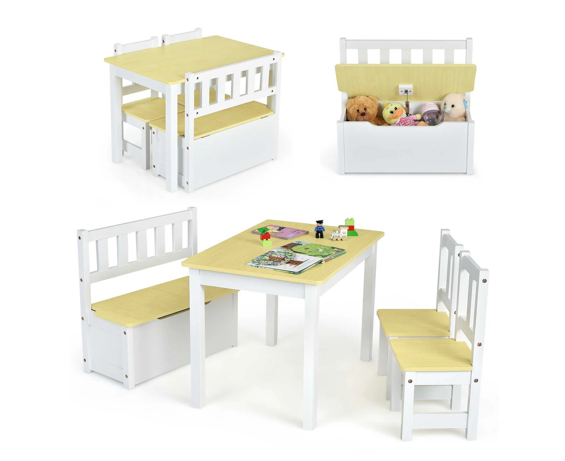 Giantex 4-Piece Kids Table and Chair Set Wood Activity Table with Toy Storage Bench & 2 Chairs,Natural