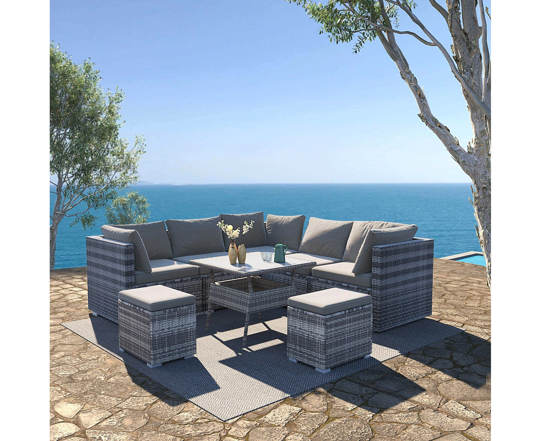 8PC Outdoor Dining Set Wicker Table & Chairs-Grey