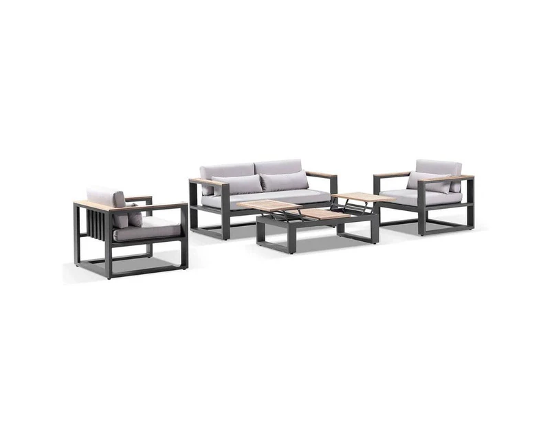 Outdoor Balmoral 2+1+1 Seater Outdoor Aluminium And Teak Lounge Setting - Outdoor Aluminium Lounges - Charcoal with Textured Grey