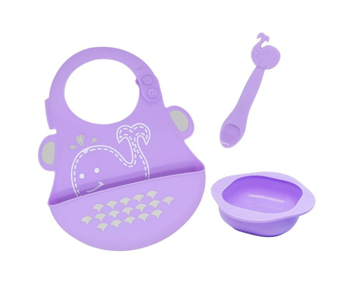 3pc Marcus & Marcus Toddler/Children's/Baby Cutlery Set Willo Whale Lilac 6m+