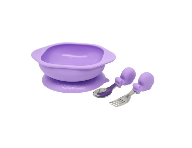 3pc Marcus & Marcus Toddler Eating Bowl Meal Time Set Willow Whale Lilac 18m+