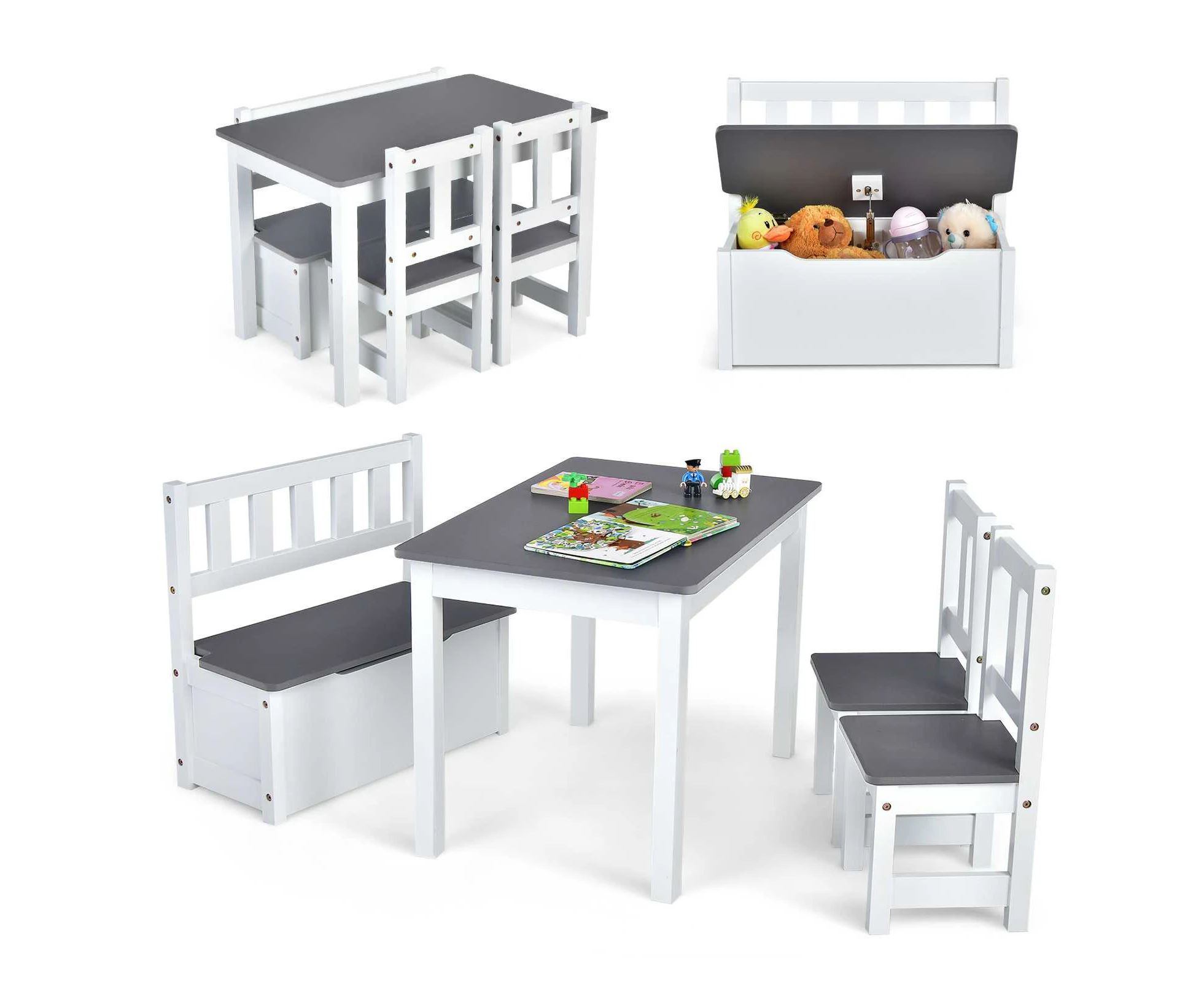 Giantex 4-Piece Kids Table and Chair Set Wood Activity Table with Toy Storage Bench & 2 Chairs,Grey