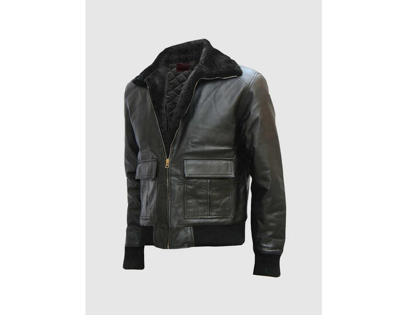 Men's Sheep Black Leather Bomber Jacket With Fur