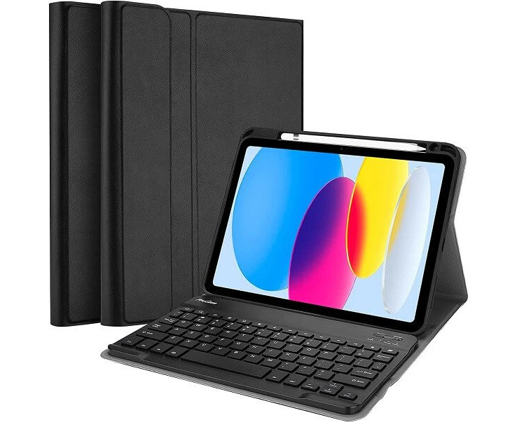 For Apple iPad 10th Gen Generation 10.9 inch 2022 Wirelss Bluetooth Keyboard Protective Folio Leather Smart Case Cover (Black)