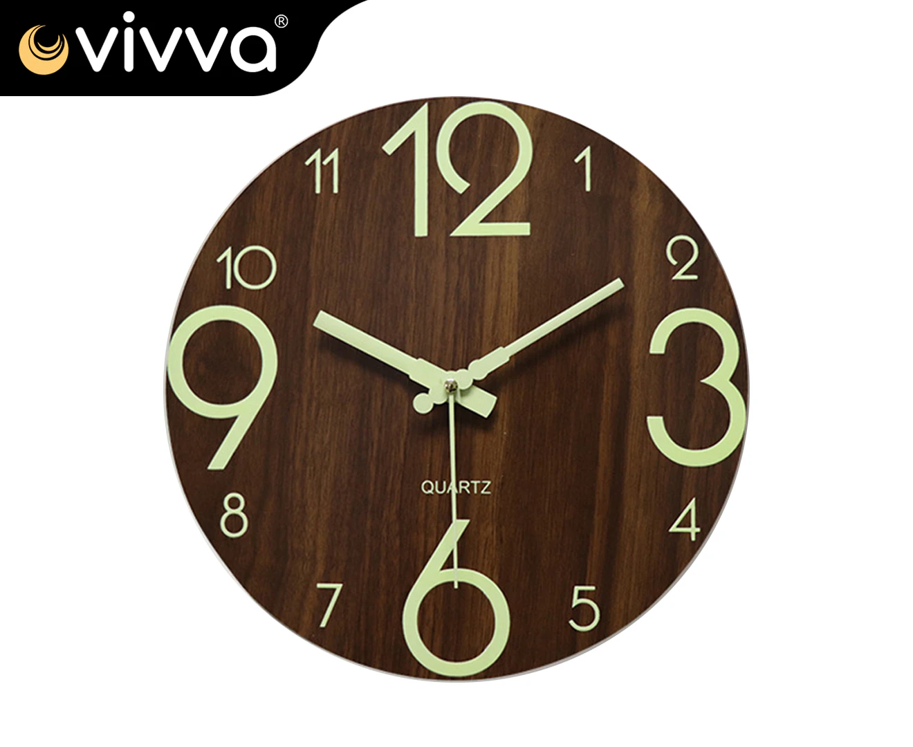 Vivva Glow In Dark Wall Clock Luminous Quartz Wooden Non Ticking 12"/30cm