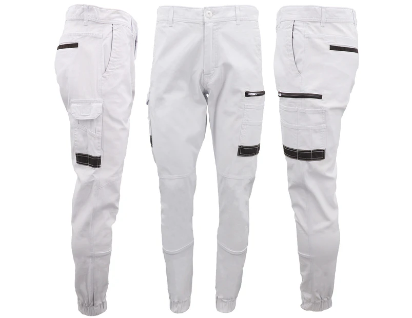 Men's Cargo Cotton Drill Work Pants UPF 50+ 13 Pockets Tradies Workwear Trousers - White