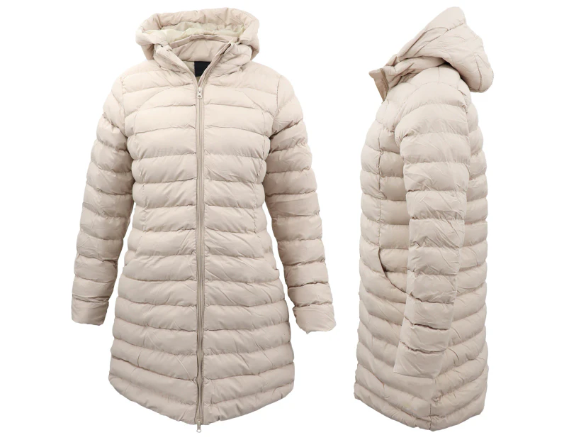 Women's Longline Padded Hooded Jacket Puffer Puffy Quilted Windproof Zip Coat - Khaki