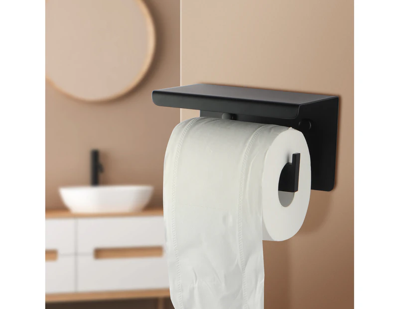 Toilet Paper Holder Rack Phone Shelf Storage Bathroom Tissue Paper Roll Wall mounted Single Hooks Black