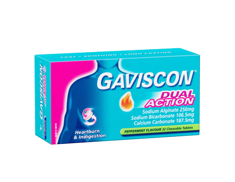 Gaviscon Dual Action Chewable Tablets Heartburn & Indigestion Relief Peppermint 32 Pack