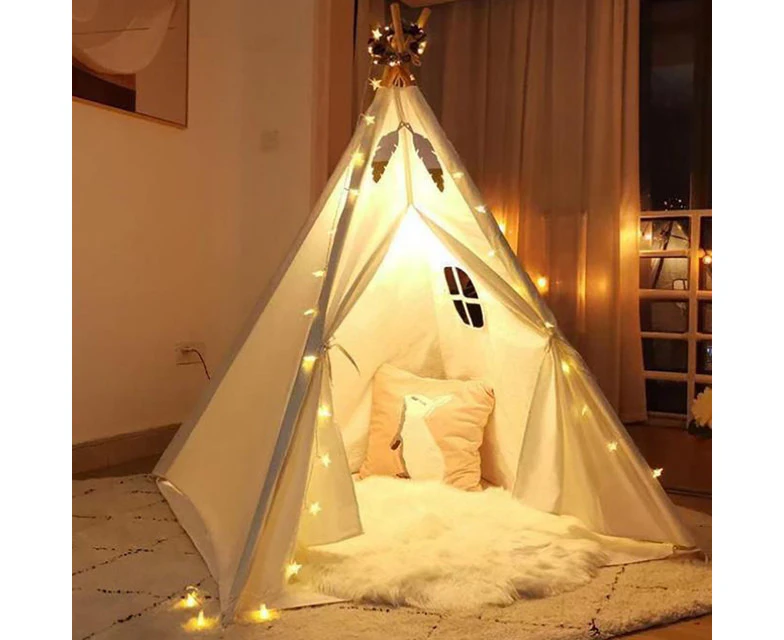 160CM Large Teepee Tent Wigwam Tent Kids Playing Tent with Mat Wood Frame - White