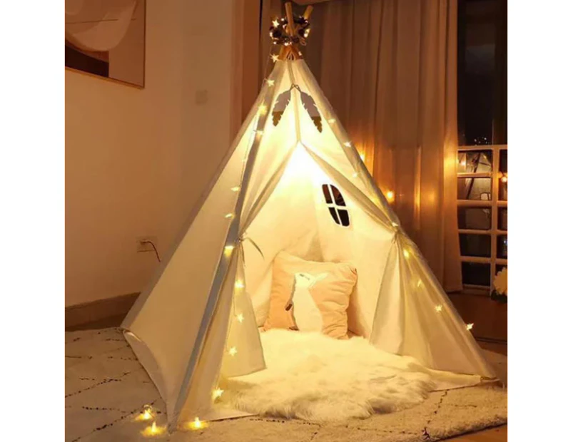 160CM Large Teepee Tent Wigwam Tent Kids Playing Tent with Mat Wood Frame - White