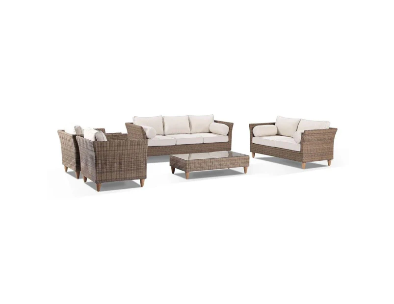 Outdoor Carolina 3+2+1+1 Seater Outdoor Wicker Lounge With Coffee Table - Harper - Outdoor Wicker Lounges - Brushed Wheat, Cream cushions