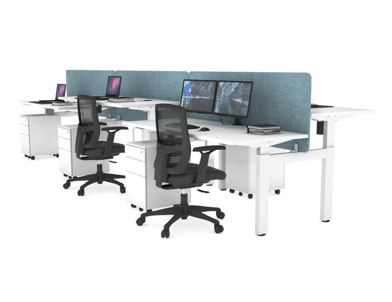 Just Right Height Adjustable 6 Person H-Bench Workstation - White Frame [1200L x 700W] - white, blue echo panel (820H x 1200W), none