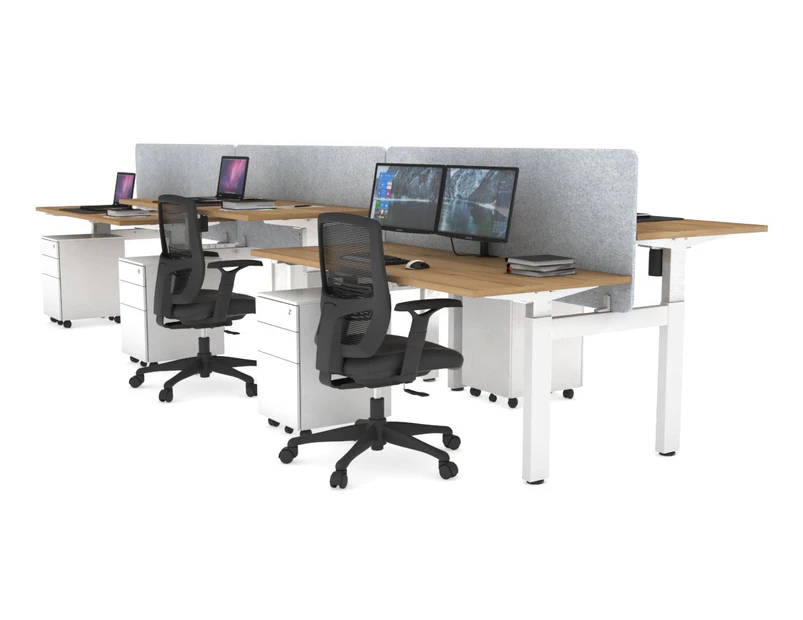 Just Right Height Adjustable 6 Person H-Bench Workstation - White Frame [1200L x 700W] - salvage oak, light grey echo panel (820H x 1200W), none