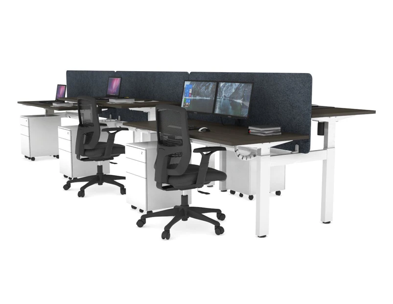 Just Right Height Adjustable 6 Person H-Bench Workstation - White Frame [1200L x 700W] - dark oak, dark grey echo panel (820H x 1200W), white cable tray